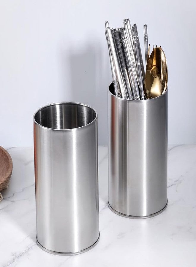 lasenersm 2 Pieces Stainless Steel Kitchen Utensil Holder with Bottom Drain Hole Flatware Cylinder Holder Chopsticks Holder Chopsticks Storage Tube for Forks Spoons Chopsticks, 3.97" x 5.9", Silver - Image 2